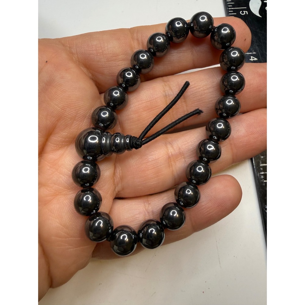 Polished Hematite Bead Bracelet Metallic Gunmetal Gray Round Stone Jewelry